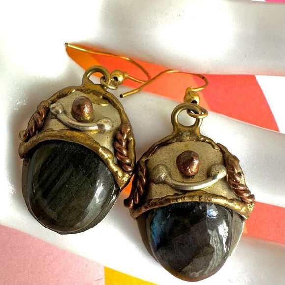 Labordorite copper gold tone drop earrings - Picture 2 of 11